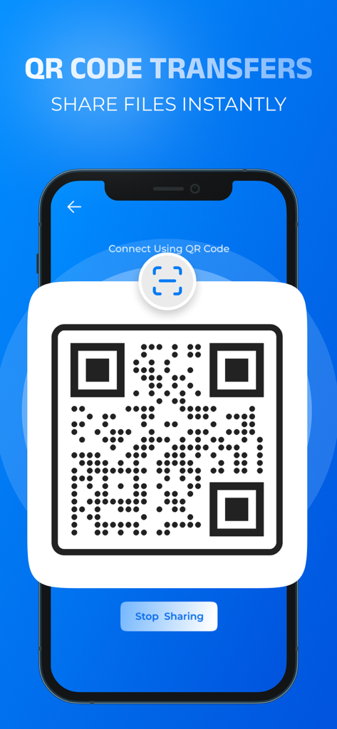 Pantalla de un smartphone mostrando la aplicación Quick Share con un código QR generado para compartir archivos al instante.