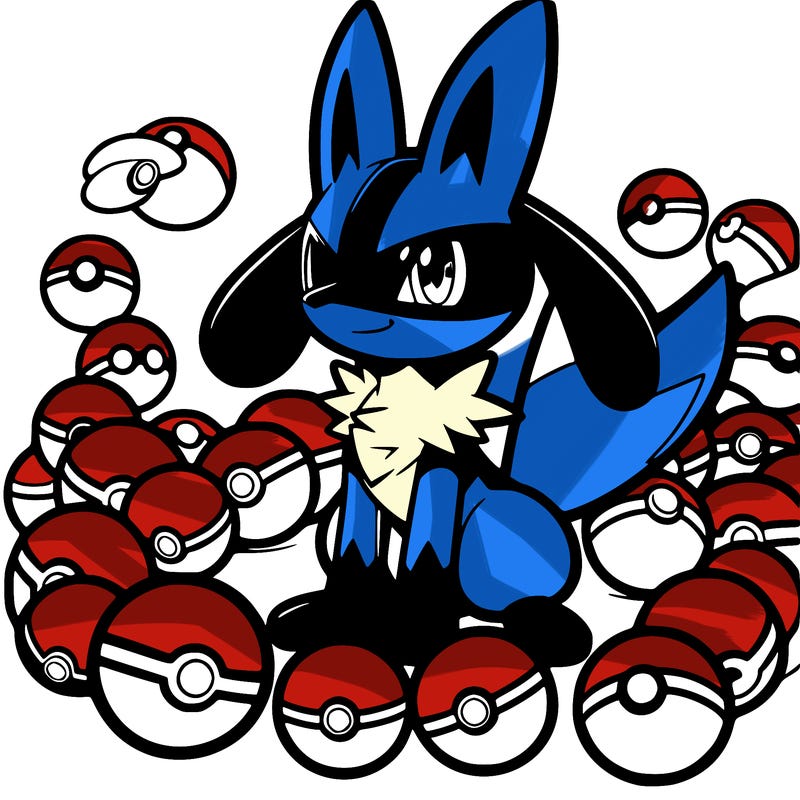 lucario with pokeballs around it