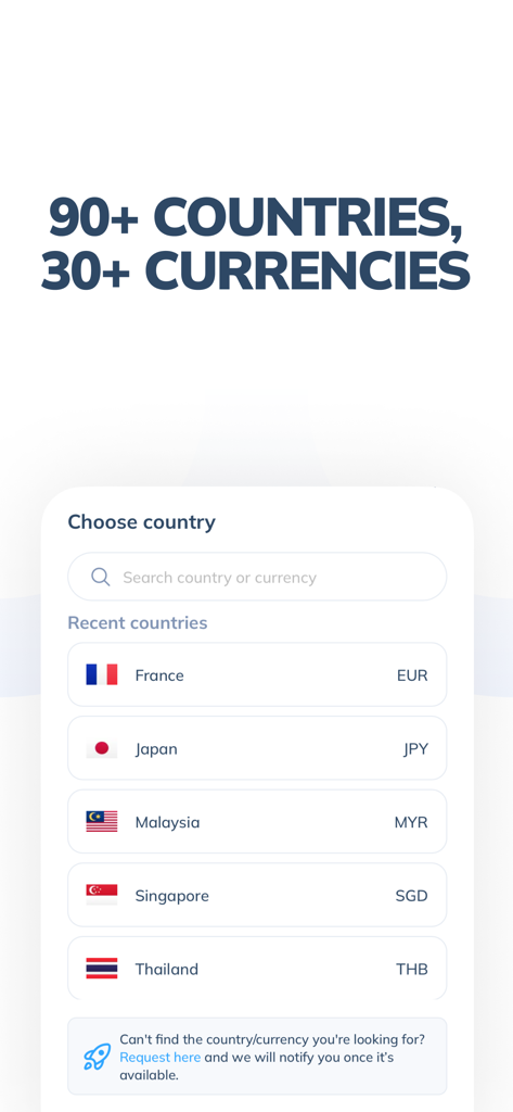 Topremit: Money Transfer - Topremit app screen showing selection of over 90 countries and 30 currencies for international money transfers