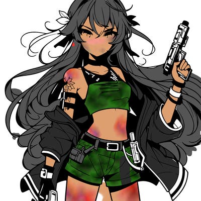 bad girl wearing crop top holding a gun long hair anime