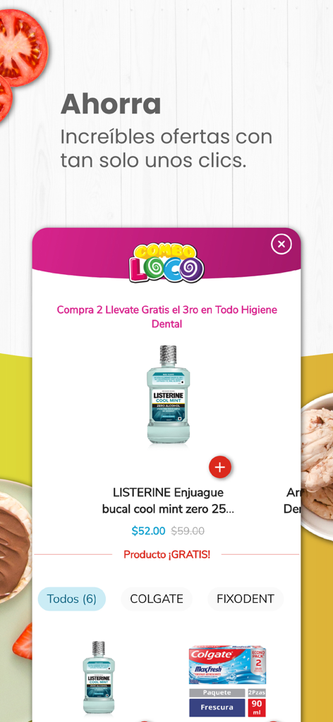 Una pantalla de promoción de productos de cuidado dental en la app de compras mi H-E-B con una oferta de compra dos y llévate uno gratis.