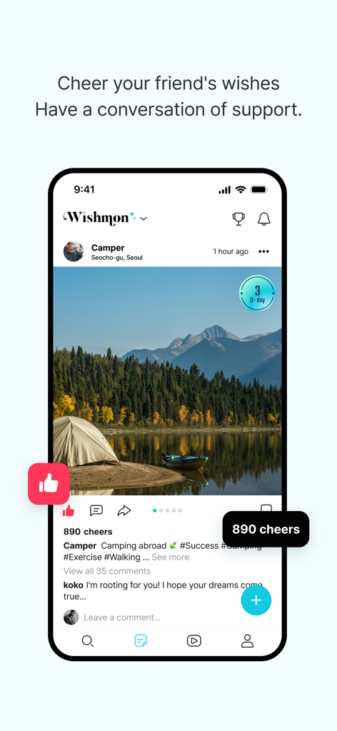 Wishmon - Feed social do aplicativo Wishmon mostrando uma postagem de usuário com aplausos da comunidade e comentários de apoio para um objetivo de viagem de acampamento.