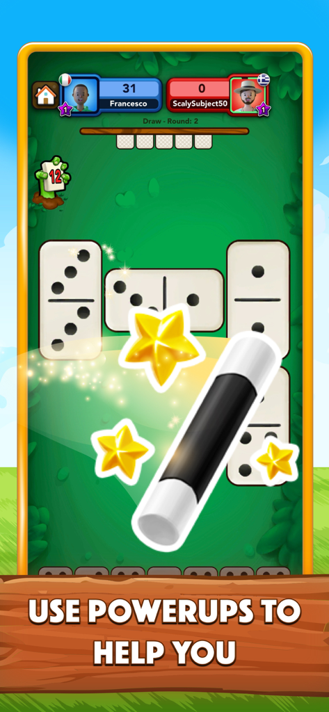 Dominoes Game - Domino Online - Online dominoes match showing a magic wand power-up over the game board.