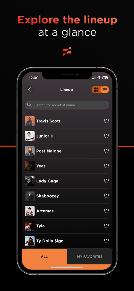 FEST: Your Festivals, One App - Smartphone screen showing the FEST app lineup section with a list of music artists like Travis Scott and Post Malone