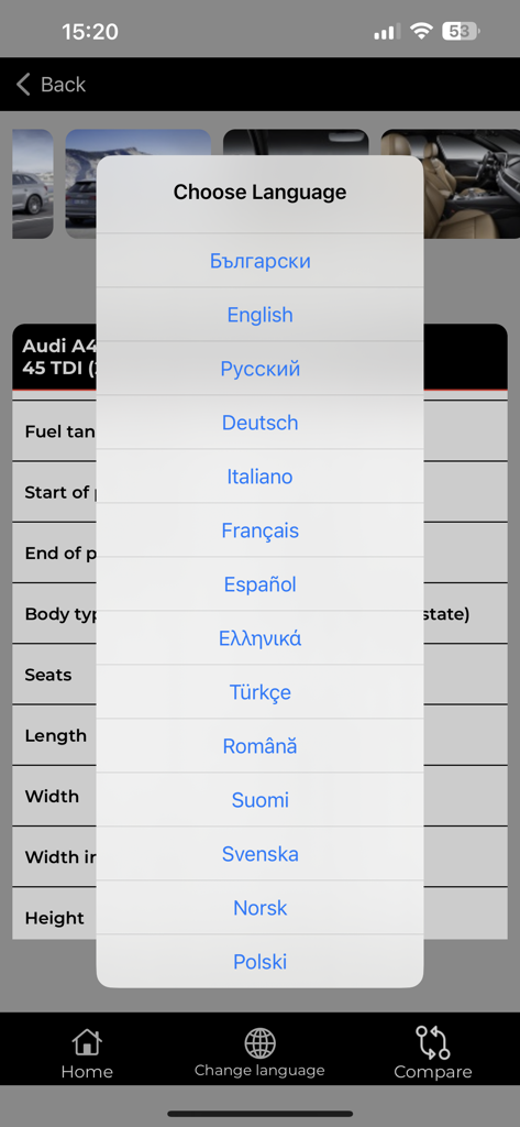 Menüauswahl für die Sprachauswahl in der Auto-Data.net Mobile App