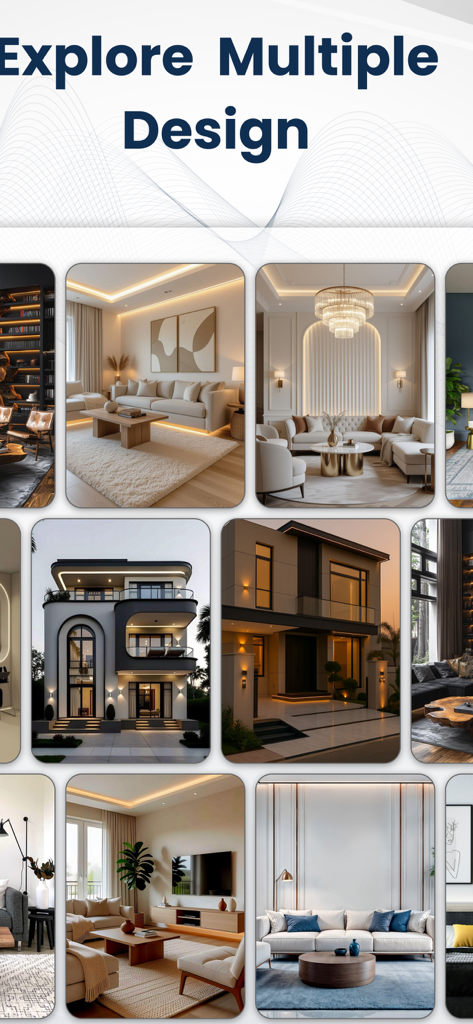 A gallery of diverse AI generated interior and exterior home design concepts within the HomeGPT app