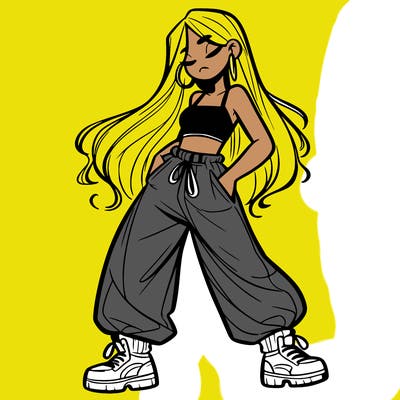 girl in baggy pants crop top and long hair