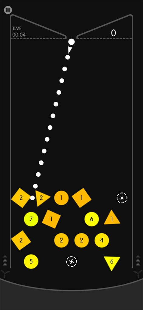 Physics Balls - Physics Balls 게임 플레이 화면, 번호가 매겨진 노란색 및 주황색 블록을 조준하는 점선 궤적 표시