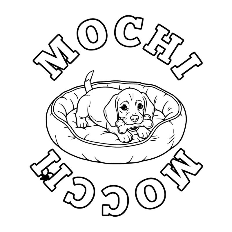 beagle puppy in a bed with a toy in her mouth that says in big letters around the dog bed says mochi