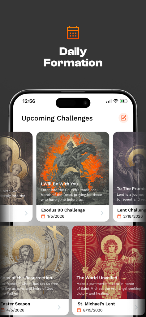 Exodus 90: Catholic Men's App - Exodus 90 app screen showing upcoming spiritual challenges and daily formation for Catholic men