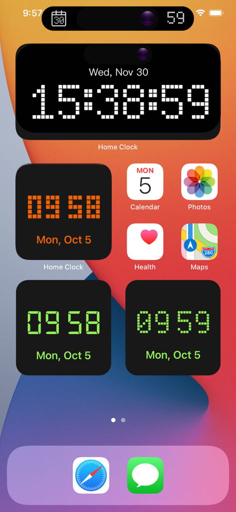 Standby Clock - on Lock Screen - iOS home screen featuring multiple digital clock widgets in various styles and colors