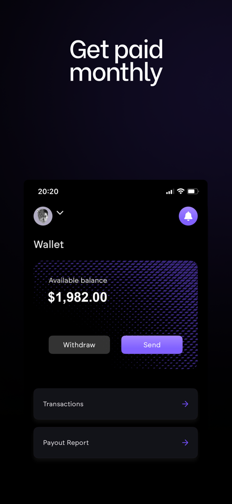 Too Lost: Music Distribution - Une interface mobile de l'application Too Lost montrant un solde disponible de 1982 dollars avec des options pour retirer et envoyer des fonds.