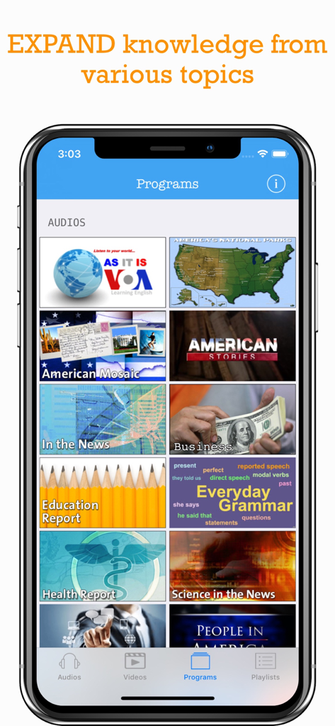 Learn American English Podcast - The Learn American English Podcast app showing a variety of educational programs including business news and American culture
