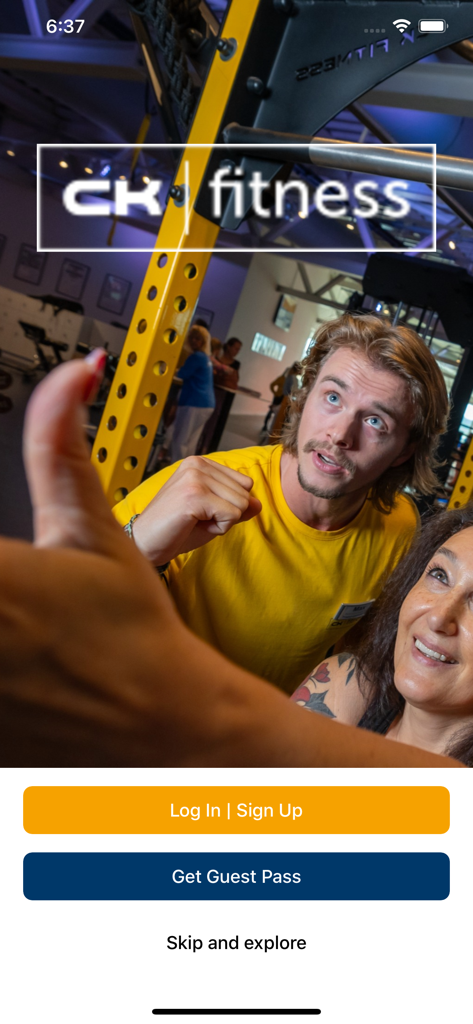 CK Fitness - CK Fitness App Startbildschirm mit Anmelde- und Registrierungsbuttons