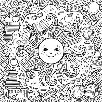 Get ready for learning with this captivating coloring page that blends the warmth of a whimsical sun with the excitement of 'Back to School' elements. Dive into a detailed scene filled with books, pencils, and playful academic motifs, perfect for all ages.