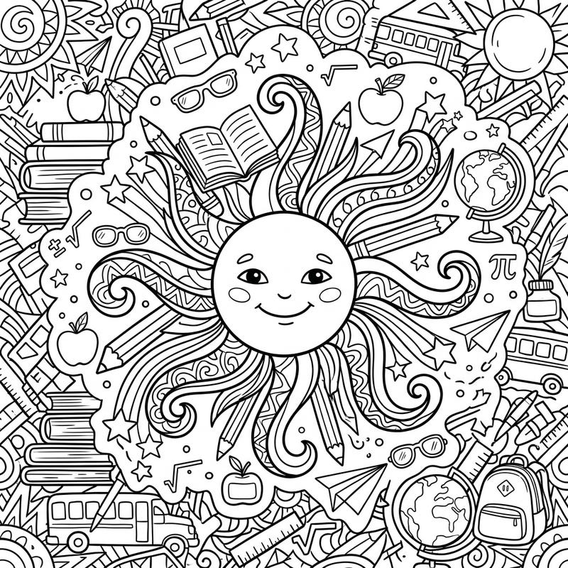 Get ready for learning with this captivating coloring page that blends the warmth of a whimsical sun with the excitement of 'Back to School' elements. Dive into a detailed scene filled with books, pencils, and playful academic motifs, perfect for all ages.