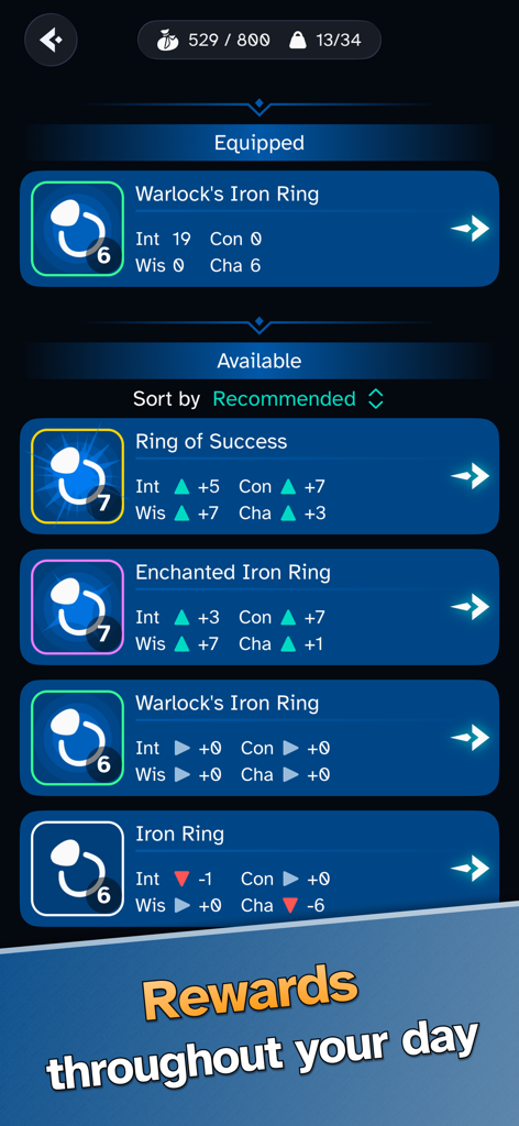 Equipment management screen in the Land of Livia app showing available rings and their attribute bonuses