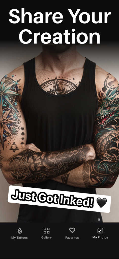 A man with realistic virtual tattoos on his chest and arms with a Share Your Creation text overlay