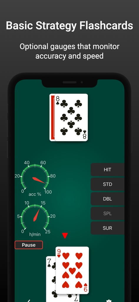 Blackjack Hi-Lo Card Counting - Blackjack basic strategy flashcard drill with accuracy and speed gauges