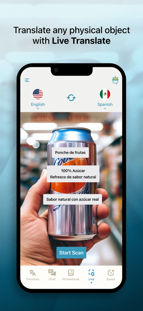 A smartphone screen showing the live translation feature scanning a soda can to translate Spanish text