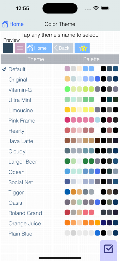 Una lista de temas y paletas de colores personalizables en la aplicación de rastreo de dinero Evo Wallet