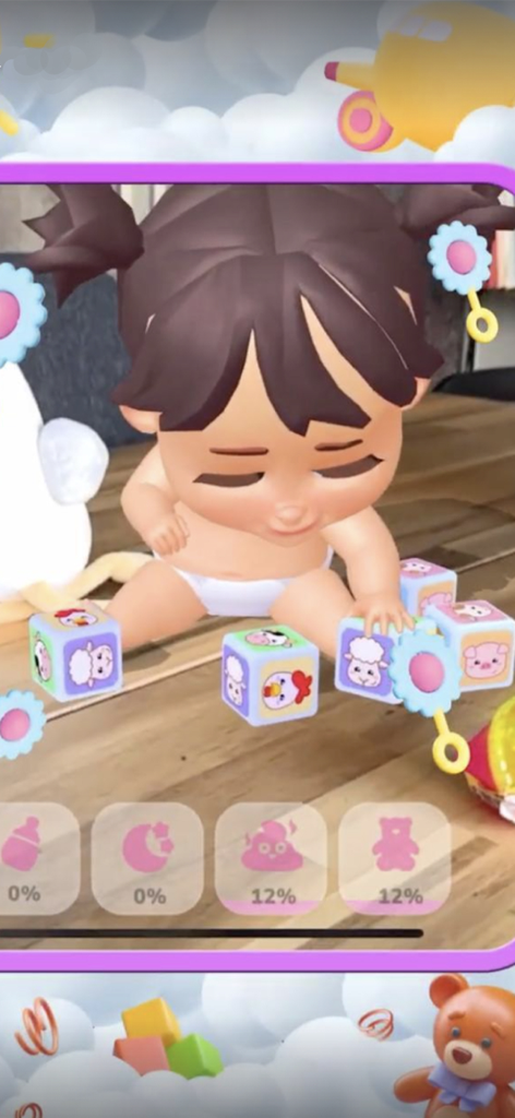 My Baby Care: Virtual Dress Up - A virtual baby sitting on a floor playing with colorful animal toy blocks in the My Baby Care app.