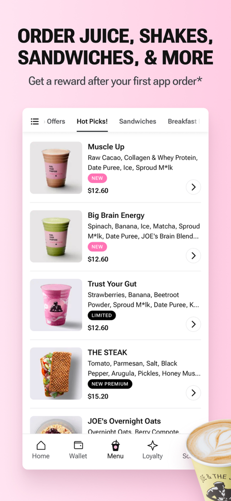 Mobile app interface for Joe and the Juice showing a menu of healthy juices shakes and sandwiches