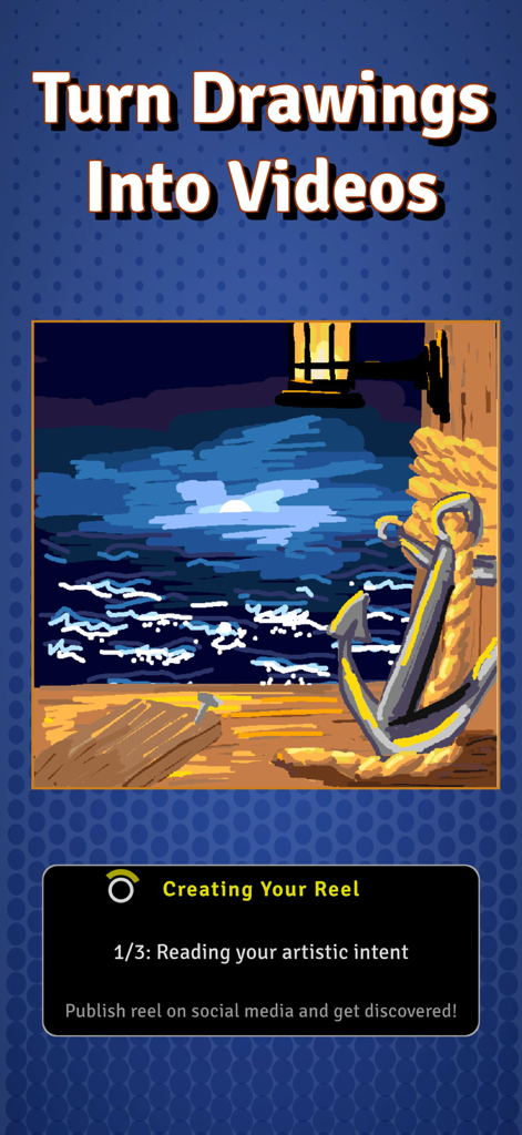 A nautical drawing in Draw With Buddies app showing the feature to turn art into social media reels