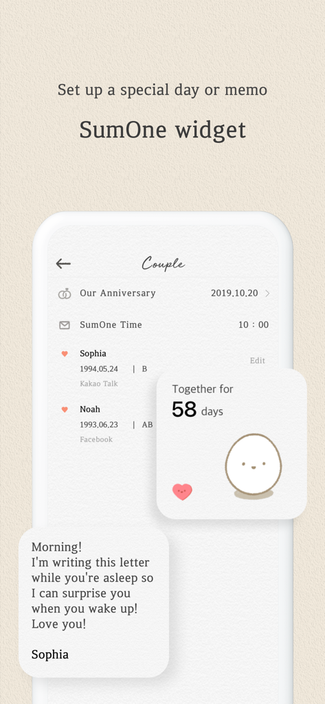 SumOne: For Relationships - Interfaz de la aplicación SumOne con un rastreador de aniversario de relación y widgets de pantalla de inicio para parejas