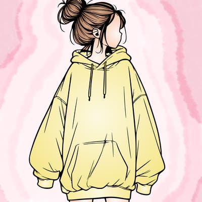 realistic girl with a oversized sweatshirt on and a bun