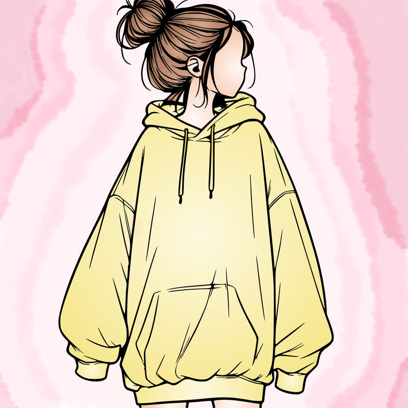 realistic girl with a oversized sweatshirt on and a bun