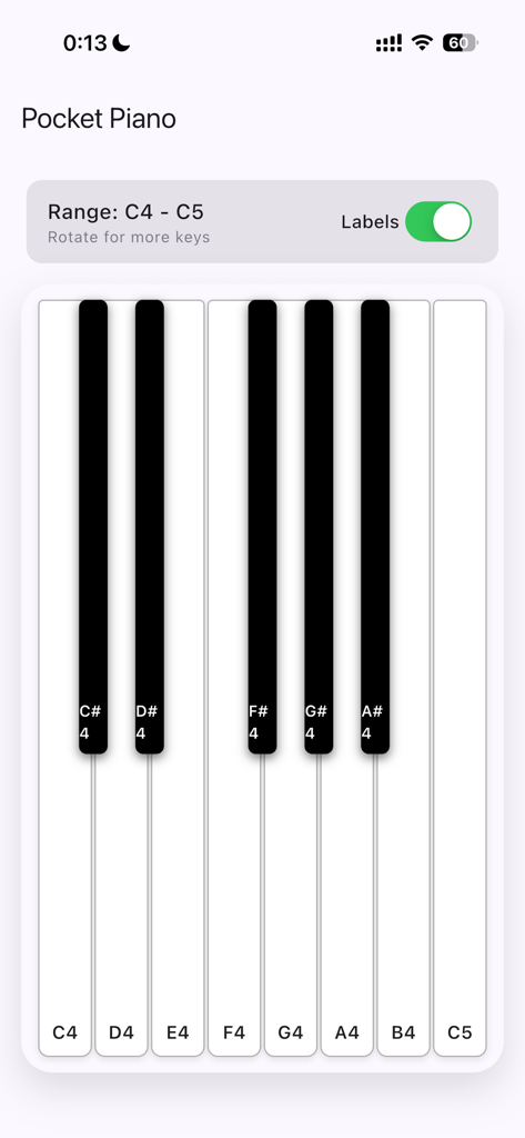 Pocket Piano app interface showing a virtual keyboard with note labels from C4 to C5