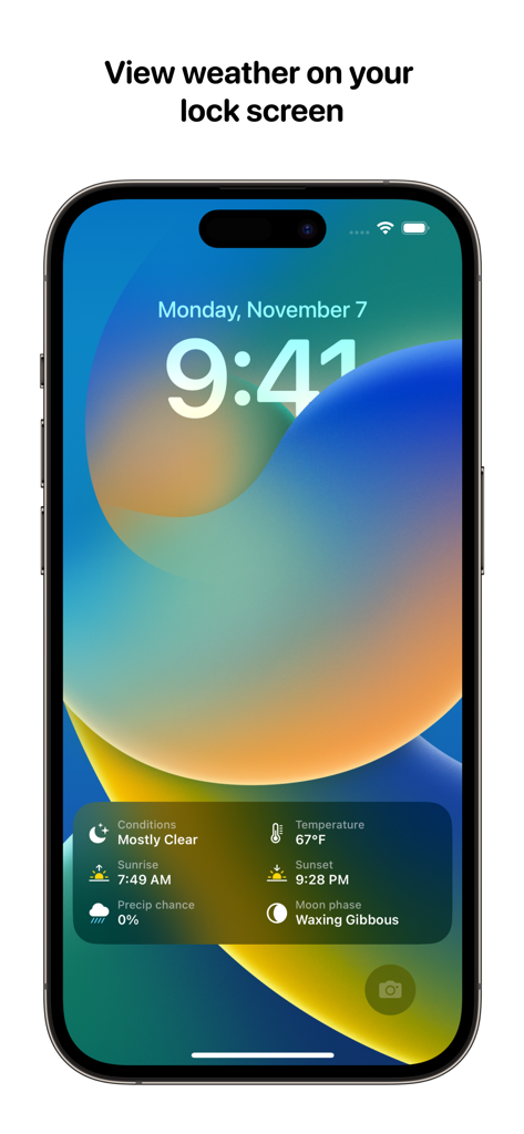 Widgets for Dynamic Island • - An iPhone lock screen displaying a custom weather widget with temperature sunrise and moon phase details