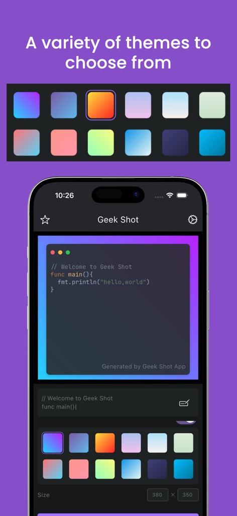 Geek Shot - Geek Shot mobile app interface showing a variety of colorful gradient background themes for aesthetic code snippets.