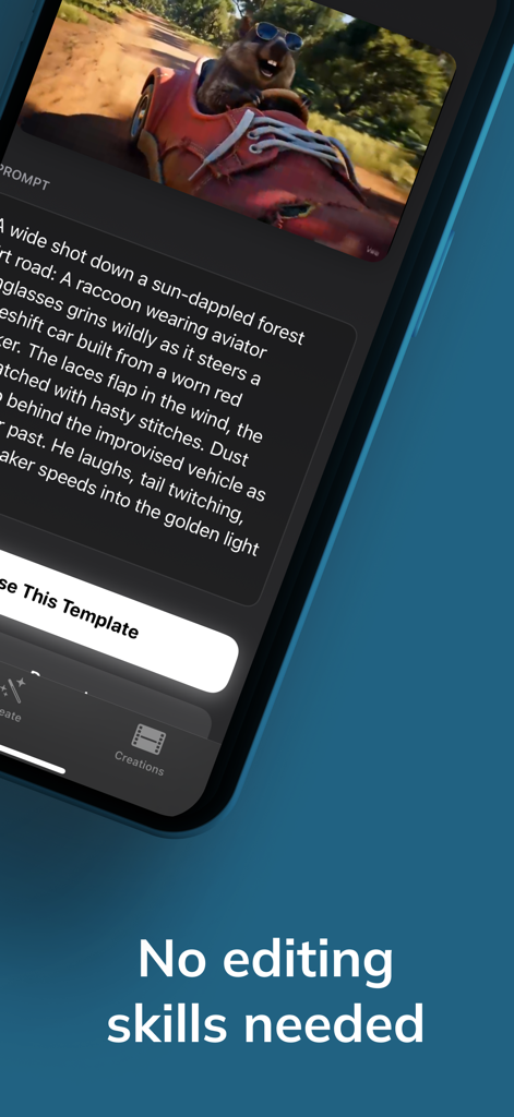 Deo ai: AI Video Maker - Deo AI App-Oberfläche, die ein KI-generiertes Video eines Waschbären in einem Schuhauto mit einem detaillierten Text-Prompt und der Nachricht "Keine Bearbeitungsfähigkeiten erforderlich" zeigt.
