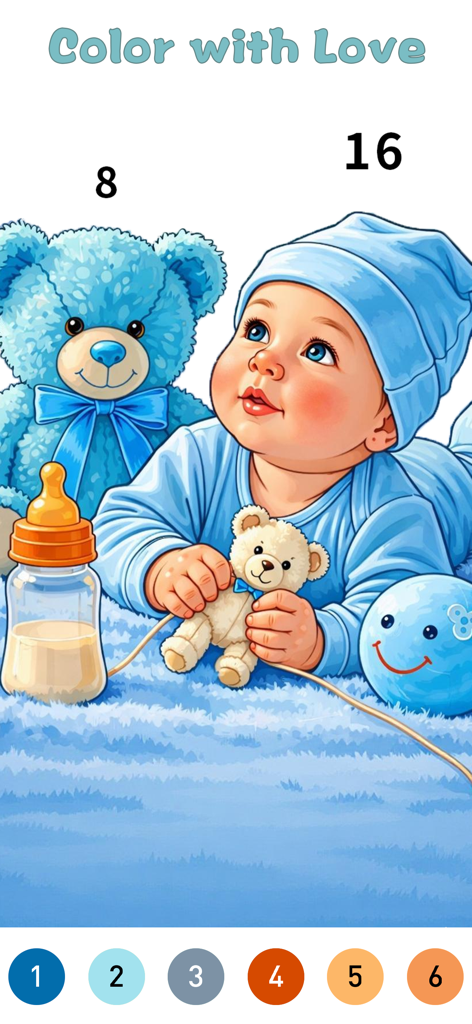 Cradle Color By Number - Cradle Color by Number mobile game interface showing a baby and blue teddy bear with numbered coloring areas