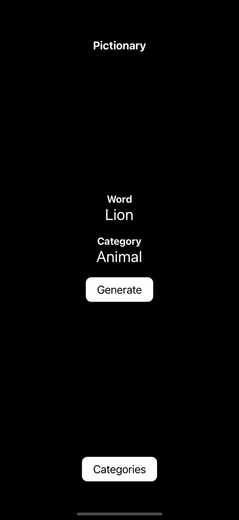 Pictionary Lite - Pictionary Lite app interface showing a word generator screen with the word Lion and category Animal