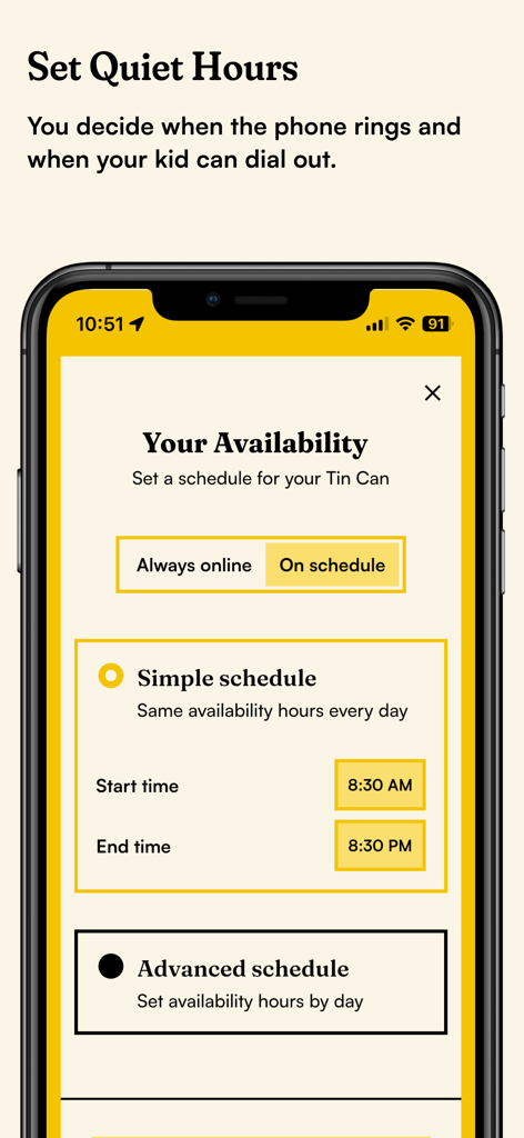 Tin Can - Companion App - Tin Can app interface showing settings to schedule phone availability and quiet hours for kids.