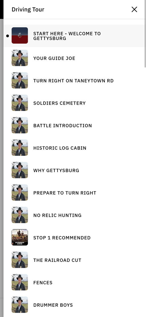 A list of interactive audio and video tour stops in the Gettysburg Driving Tour mobile app including Soldier's Cemetery and Battle Introduction segments.