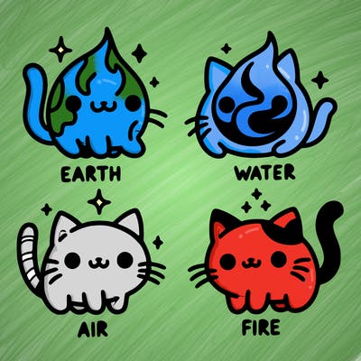 4 cats that represent the different elements, earth, water, air, and fire