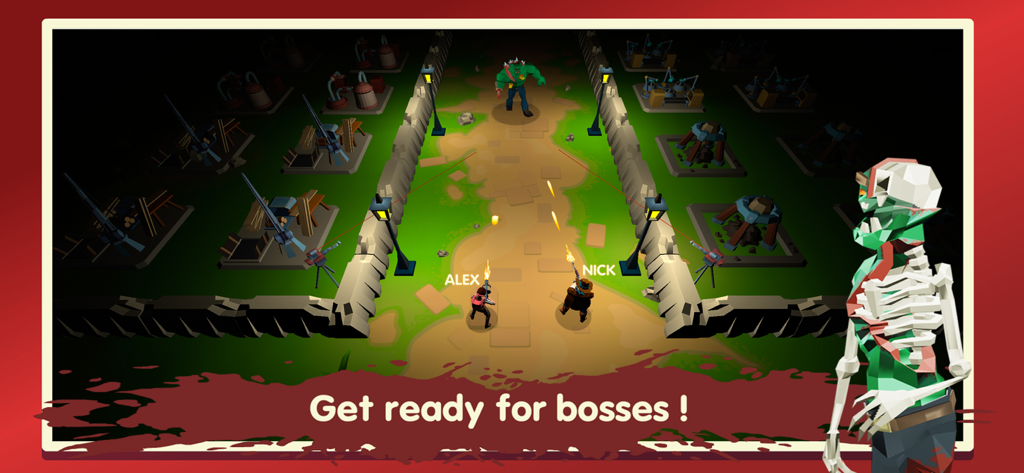 Two Guys And Zombies 3D - Two players shooting at a giant green boss zombie within a base with defenses in Two Guys And Zombies 3D.