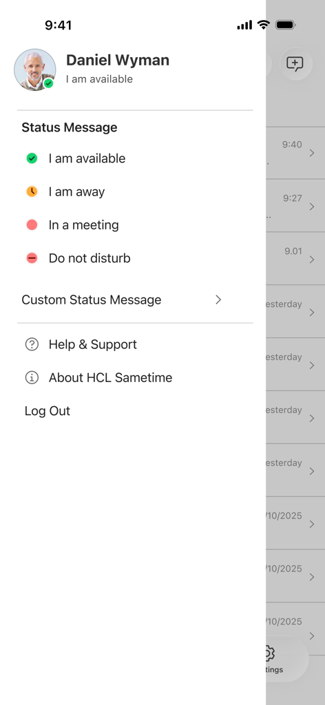 Interface de perfil de usuário no HCL Sametime com opções de status como disponível, ausente e em reunião.