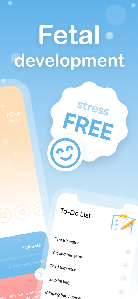 My Pregnancy | Tracker & App - Screenshot der App 'Meine Schwangerschaft', der die Verfolgung der Fetalentwicklung und eine To-Do-Liste für das Trimester mit einer Checkliste für die Krankenhaustasche zeigt