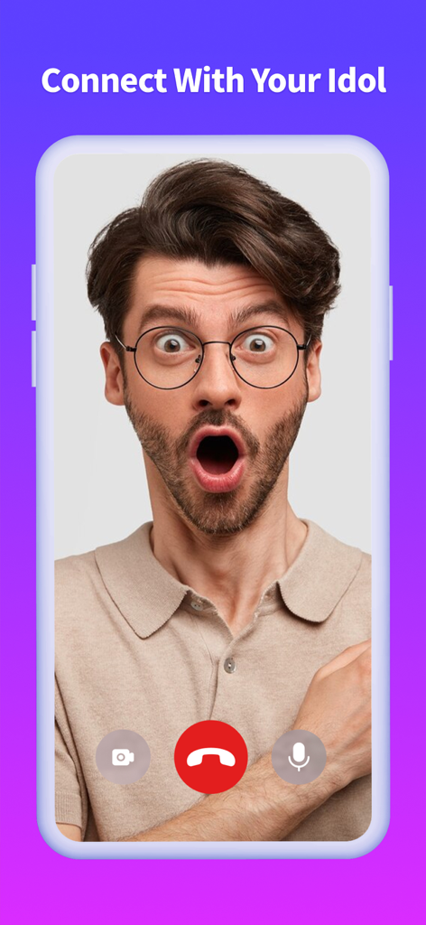Prank App: Fake video call - A man with a surprised facial expression on a simulated video call interface labeled Connect With Your Idol