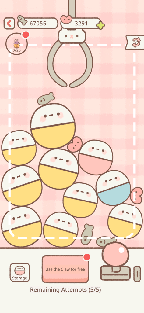 Purrfect Tale - Ein niedlicher handgezeichneter Greifautomaten-Gameplay-Bildschirm von Purrfect Tale mit Kapseln mit Katzenmotiven.