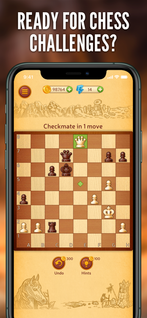 Chess Online - Clash of Kings - Smartphone-Bildschirm, der ein Schachrätsel mit dem Ziel zeigt, in einem Zug Matt zu setzen