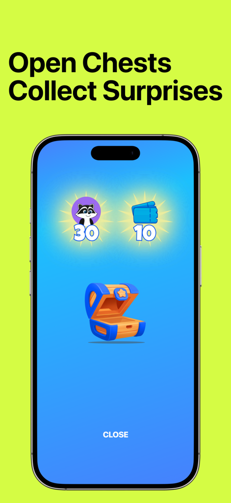 LootGO - Una pantalla de teléfono móvil que muestra un cofre del tesoro abierto con recompensas digitales como puntos de personaje y billetes.