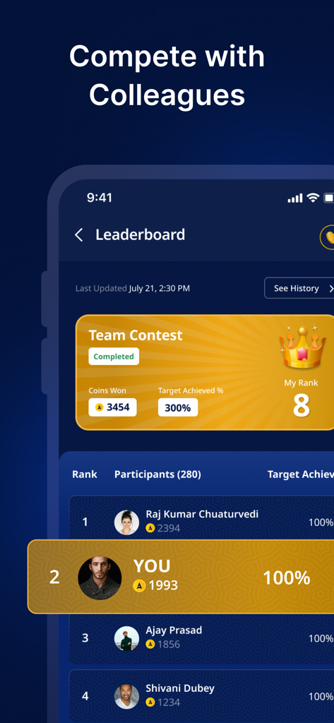 Ein Ranglistenbildschirm der Accrue-App, der Mitarbeiter-Rankings und Performance-Münzen für einen Teamwettbewerb zeigt
