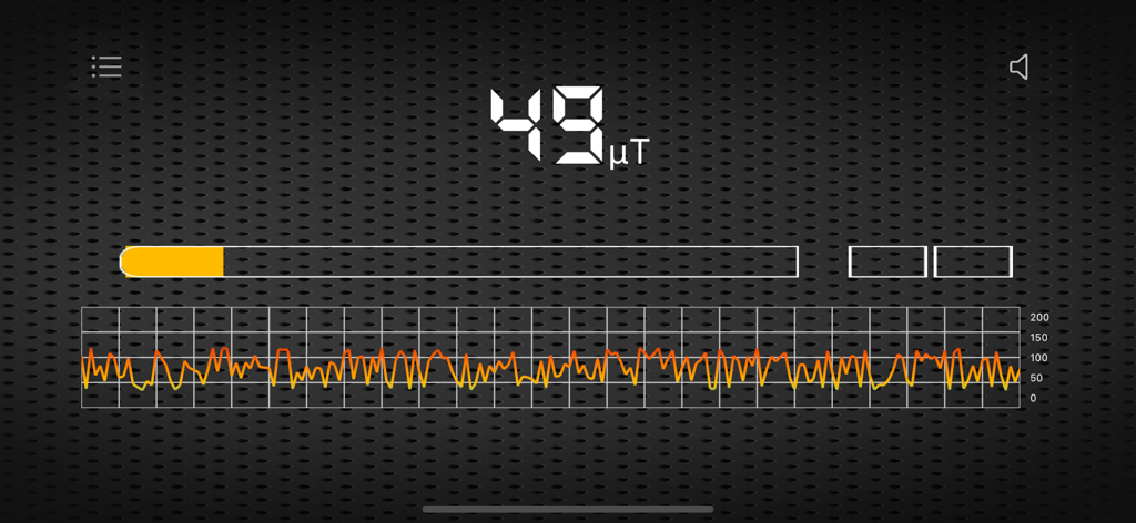 Metal Detector EMF app interface showing a 49 microTesla reading with a real-time magnetic field graph
