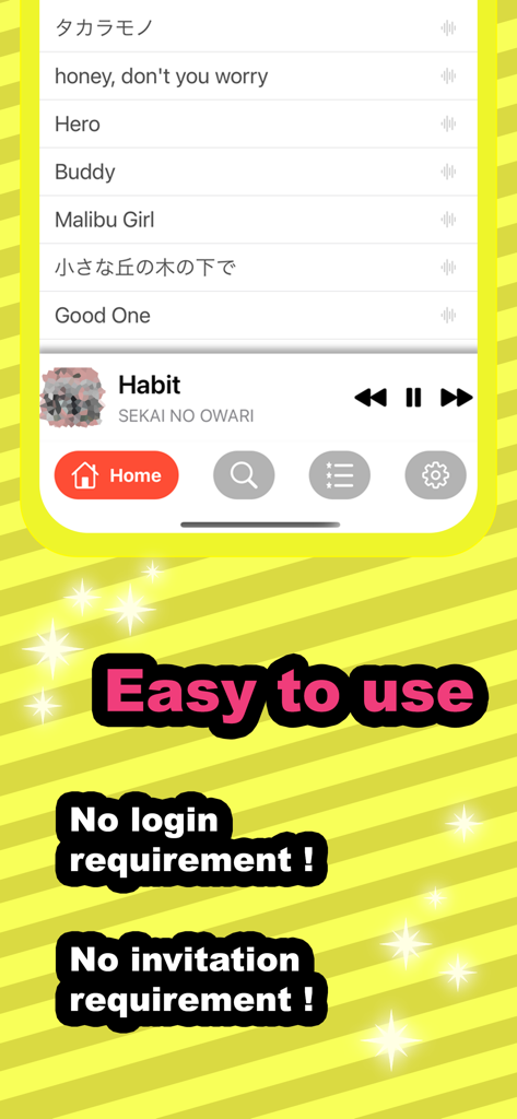 Music FM Live app interface showing a song list and no login requirement text
